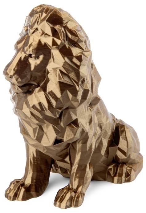 Bronze-coloured lion statue with angular, geometric surface, depicted sitting, symbolising strength and power.
