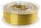 Gold-coloured filament spool with 3D printing material, in a transparent plastic packaging.