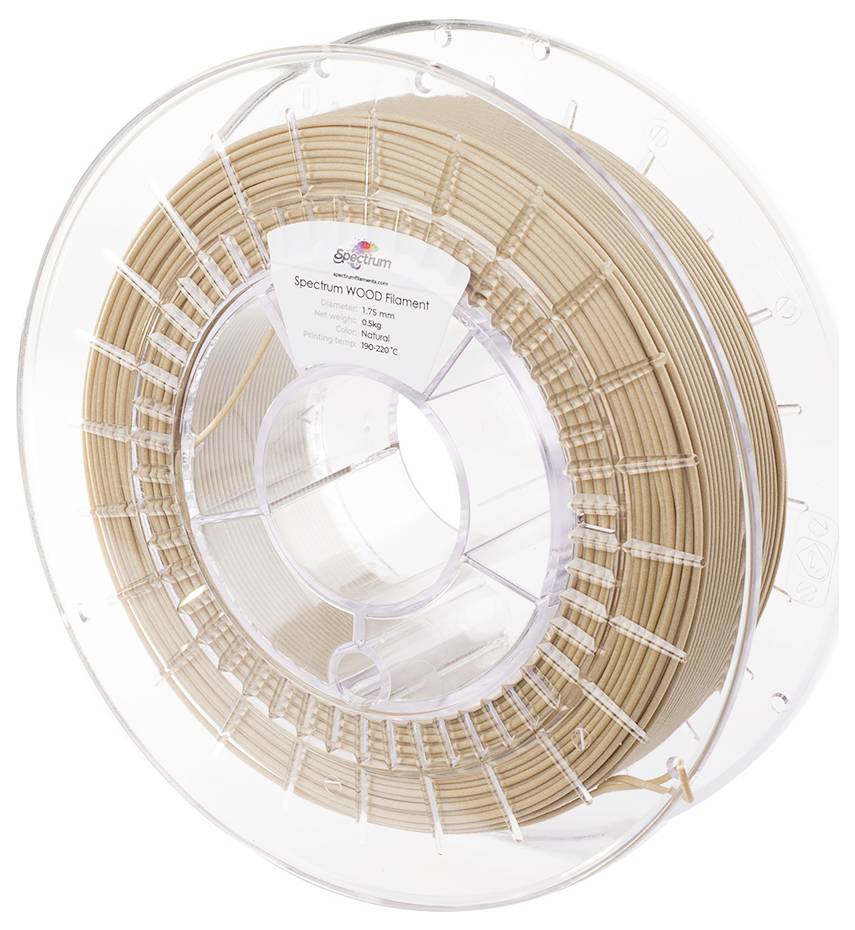 A spool of wood filament for 3D printers, light brown, in a transparent plastic packaging. Label shows product details.