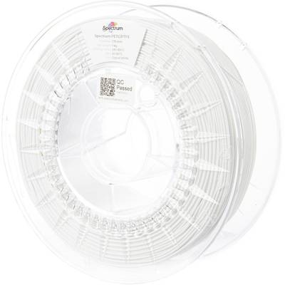 Plastic reel with white filament for 3D printer, brand 'Spectrum'. Packaged in a transparent sleeve, labelled with product specifications.