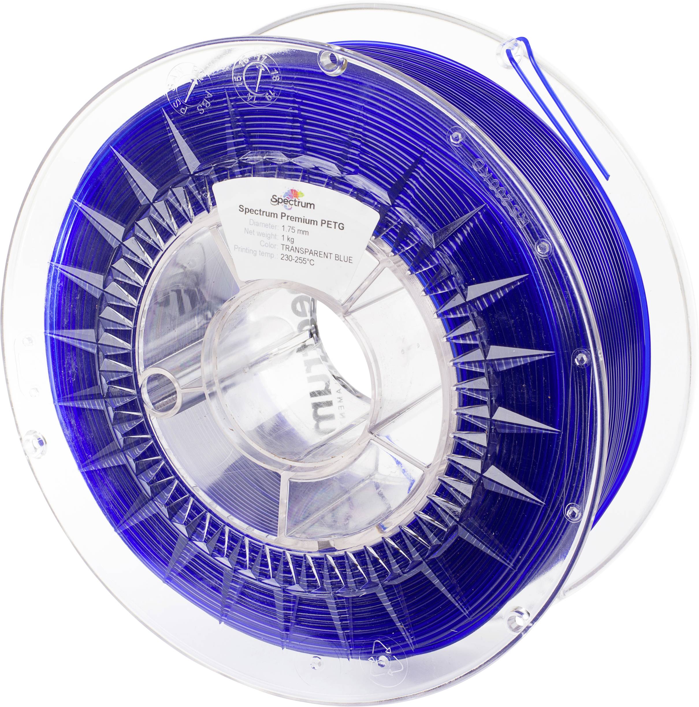 A spool of blue 3D printer filament made of PETG. The label shows the specifications: 1.75 mm diameter, 1 kg weight.