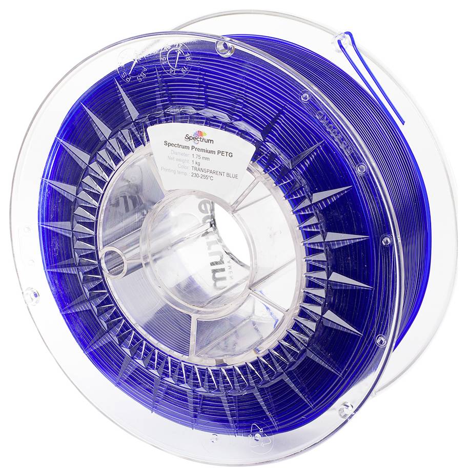 Plastic reel with blue filament for 3D printer, brand Spectrum, type Premium PETG.