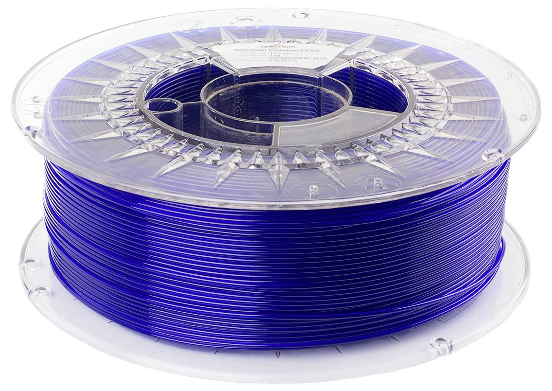 A transparent plastic spool with blue filament threads for 3D printers, compactly wound and ready for use.