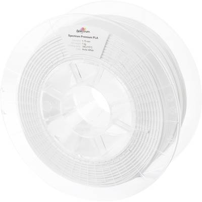 Transparent plastic spool containing white 3D printer filament, labelled 'Spectrum Premium PLA, 1.75 mm, Arctic White'.