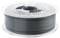 A transparent plastic spool with dark grey filament used for 3D printing.