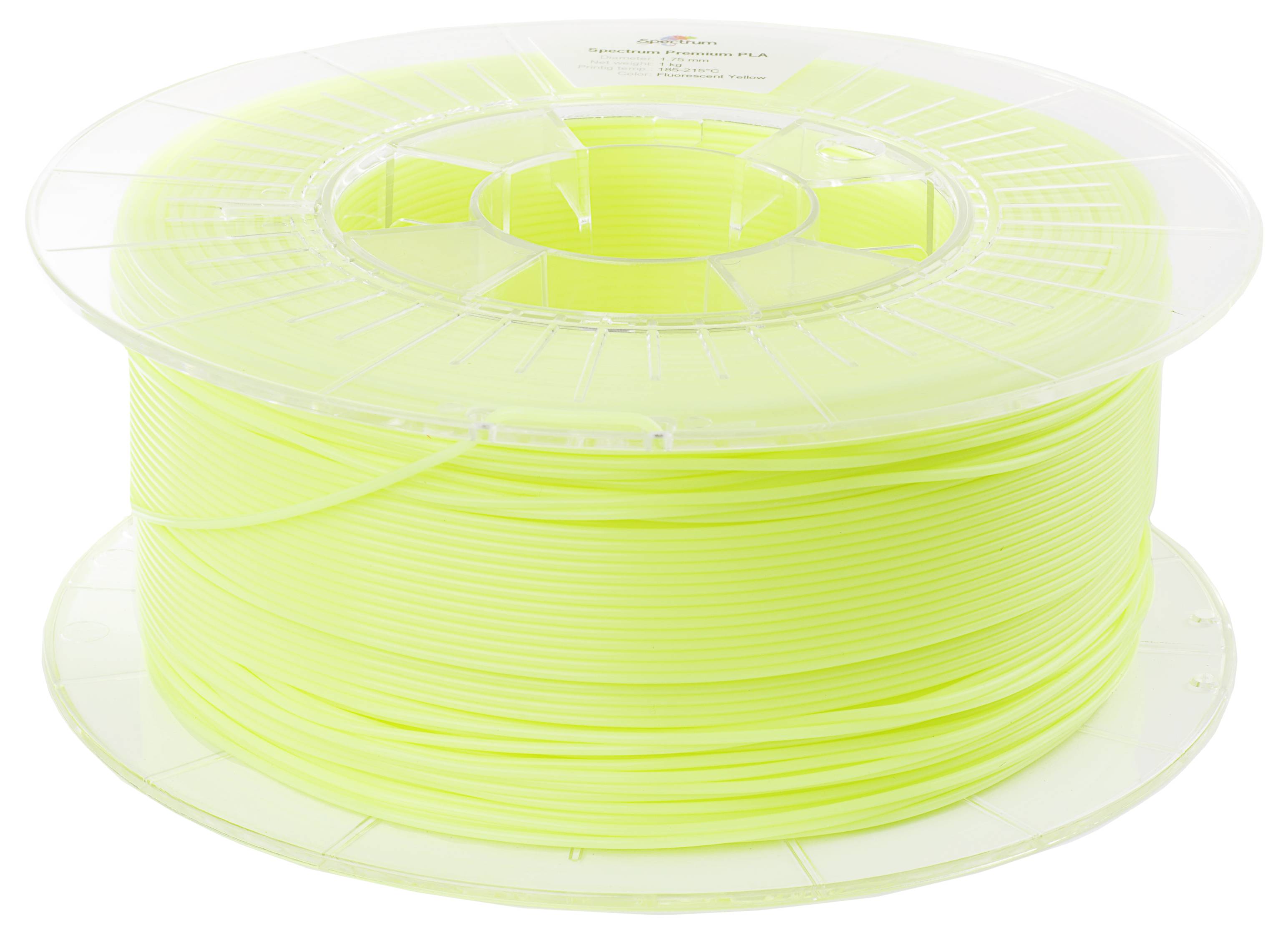 A reel of bright yellow filament thread on a transparent spool, suitable for 3D printers.