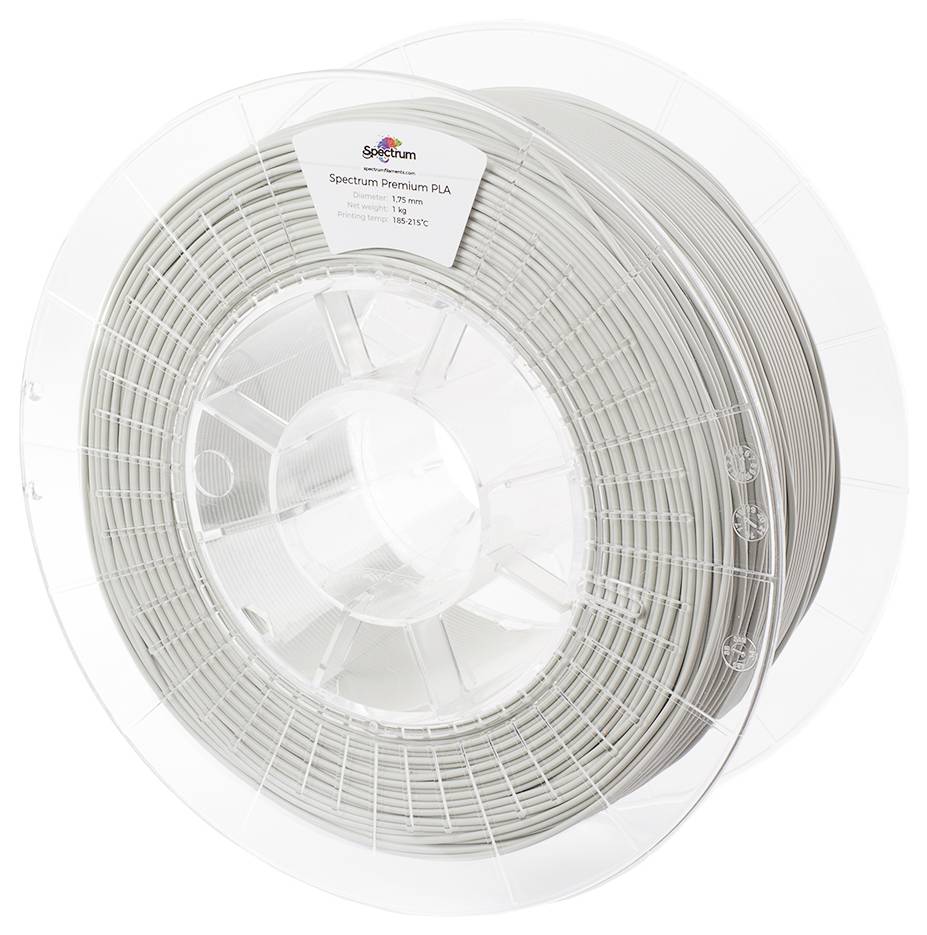 Plastic spool with grey 3D printer filament, labelled as 'Spectrum Premium PLA'.