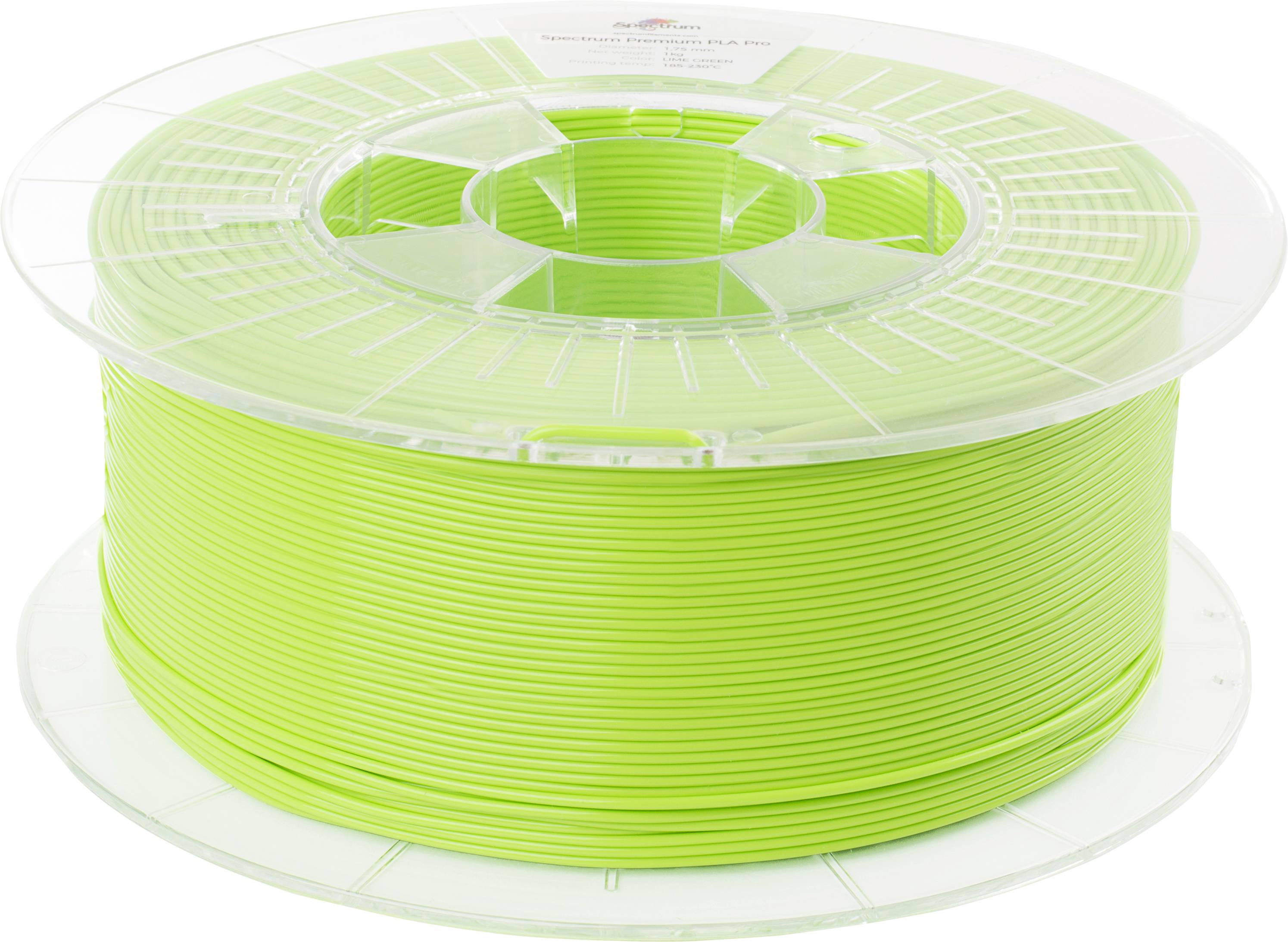A reel of green 3D printer filament, wound on a plastic spool.