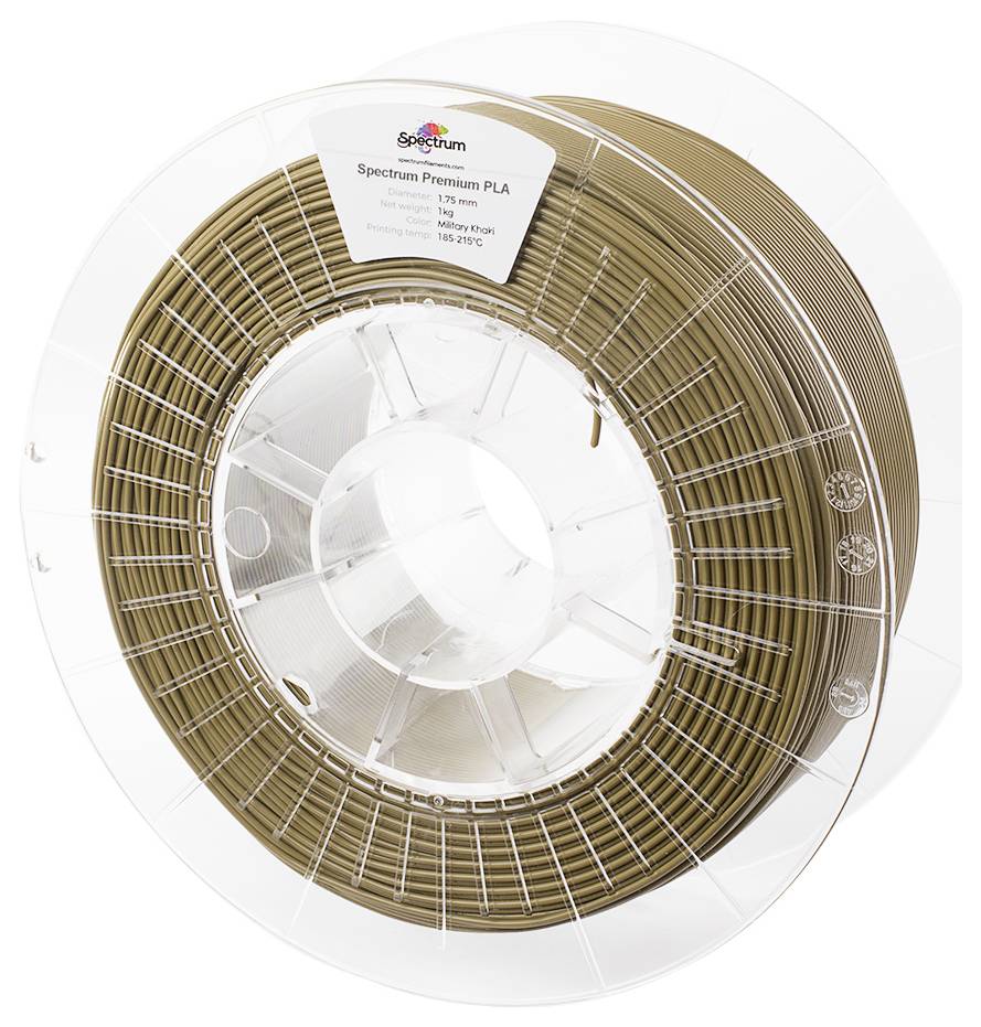 A spool of bronze-coloured PLA filament for 3D printers by the brand 'Spectrum Premium', suitable for temperatures between 185-215°C.