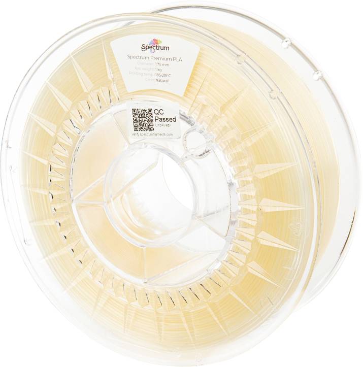 A reel of translucent 3D printing filament made from PLA. A label displays 'Spectrum Premium PLA', Natural colour, 1.75 mm.
