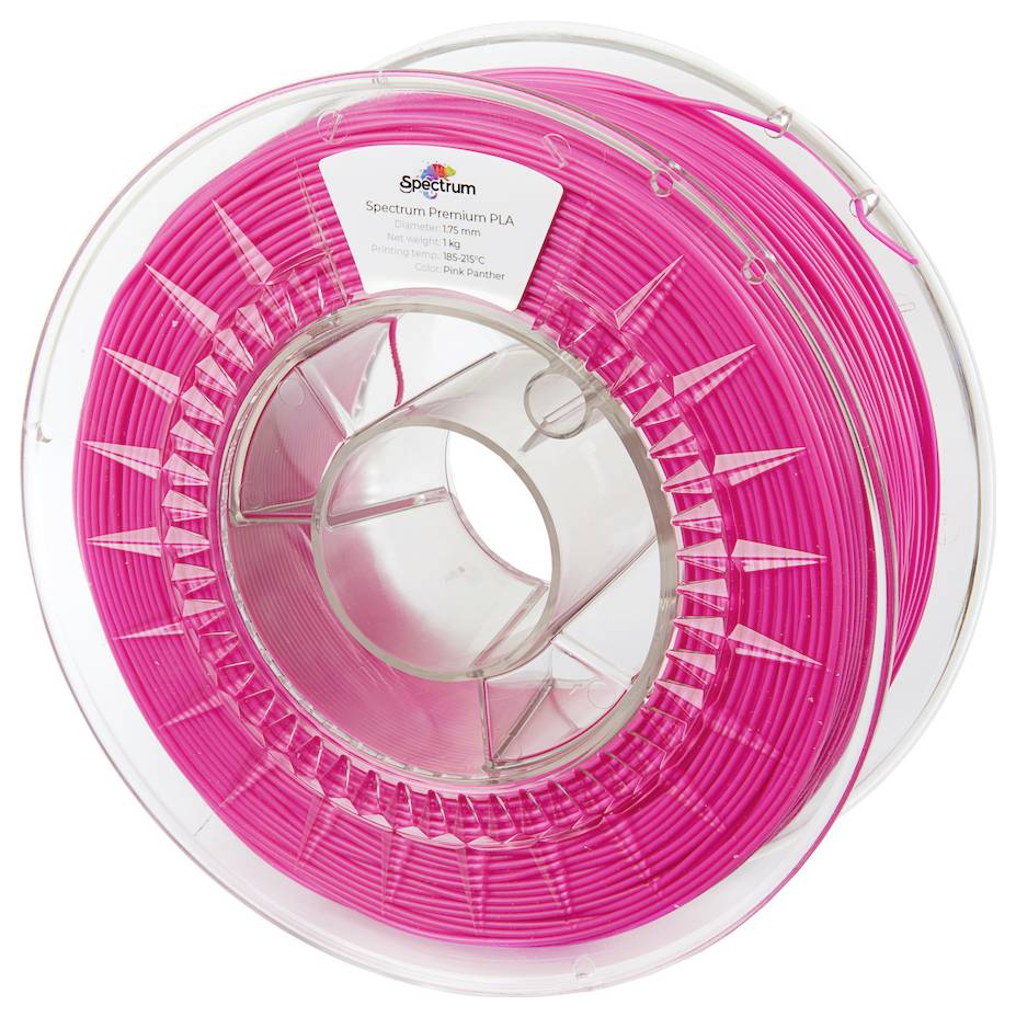 Spool of transparent plastic filled with pink filament, suitable for 3D printers.