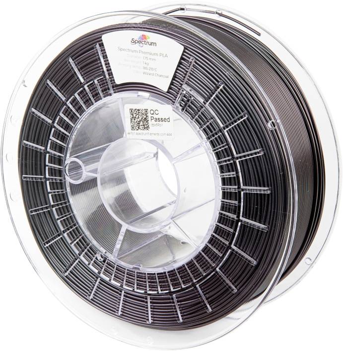 Black PLA plastic filament reel for 3D printers, Spectrum brand, with label details regarding quality and specifications.
