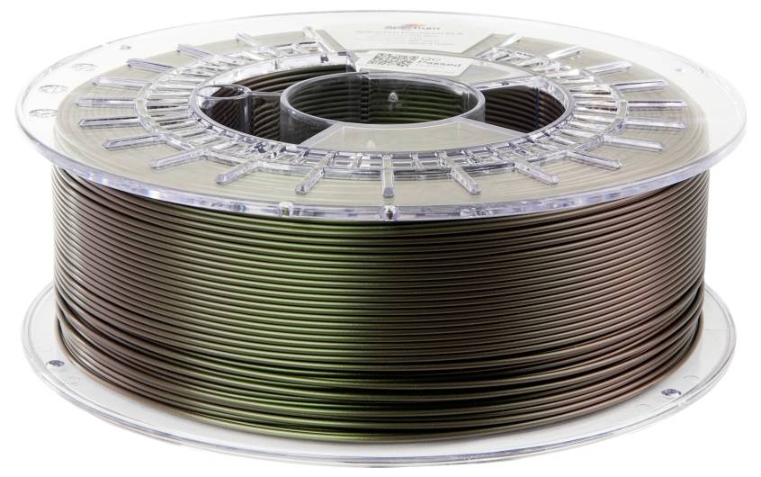 A spool with a glossy filament in a colour gradient ranging from light green to dark brown, for use in 3D printing.