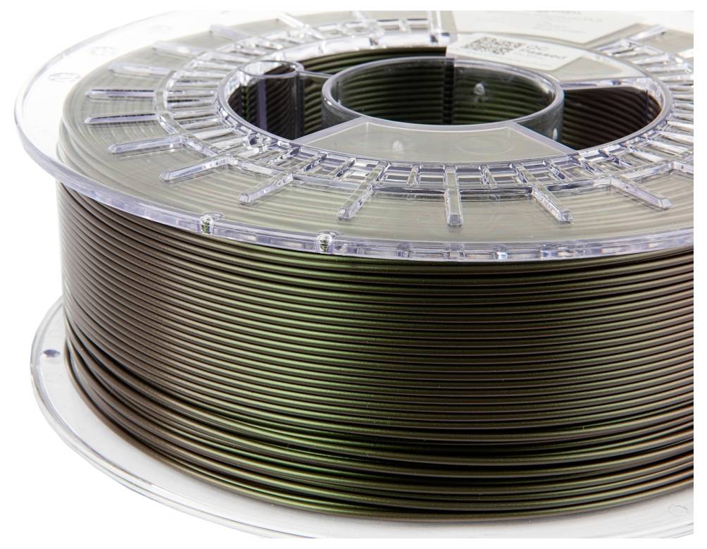 A roll of green 3D printer filament wound onto a transparent plastic spool core.