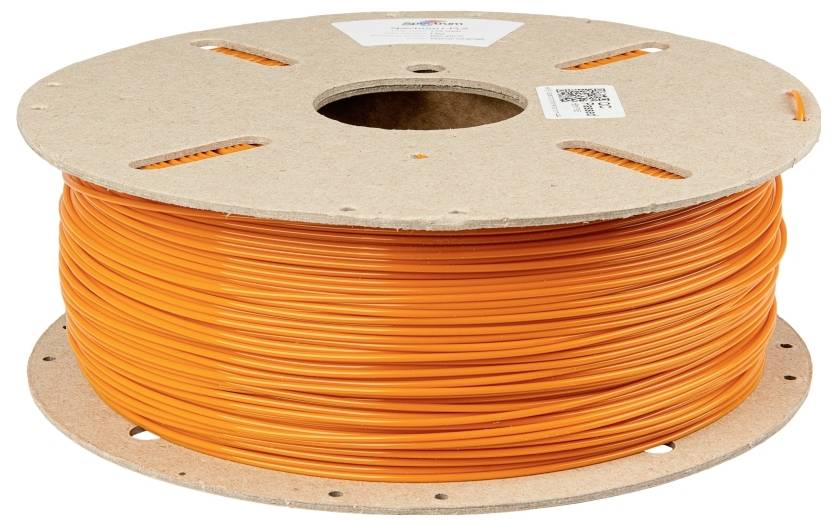 A large reel with an orange cable, wound on a wooden spool core, designed for industrial or craft applications.