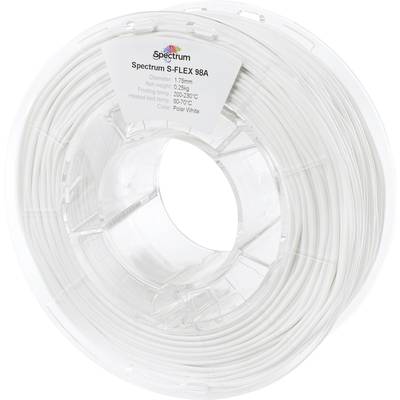 A roll of white 3D printer filament, brand Spectrum S-FLEX 98A, with details such as diameter, length, print bed and heating bed temperature.