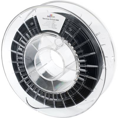 A transparent spool of black 3D printer filament, labelled 'Spectrum S-FLEX 98A', flexible and suitable for 3D printing.
