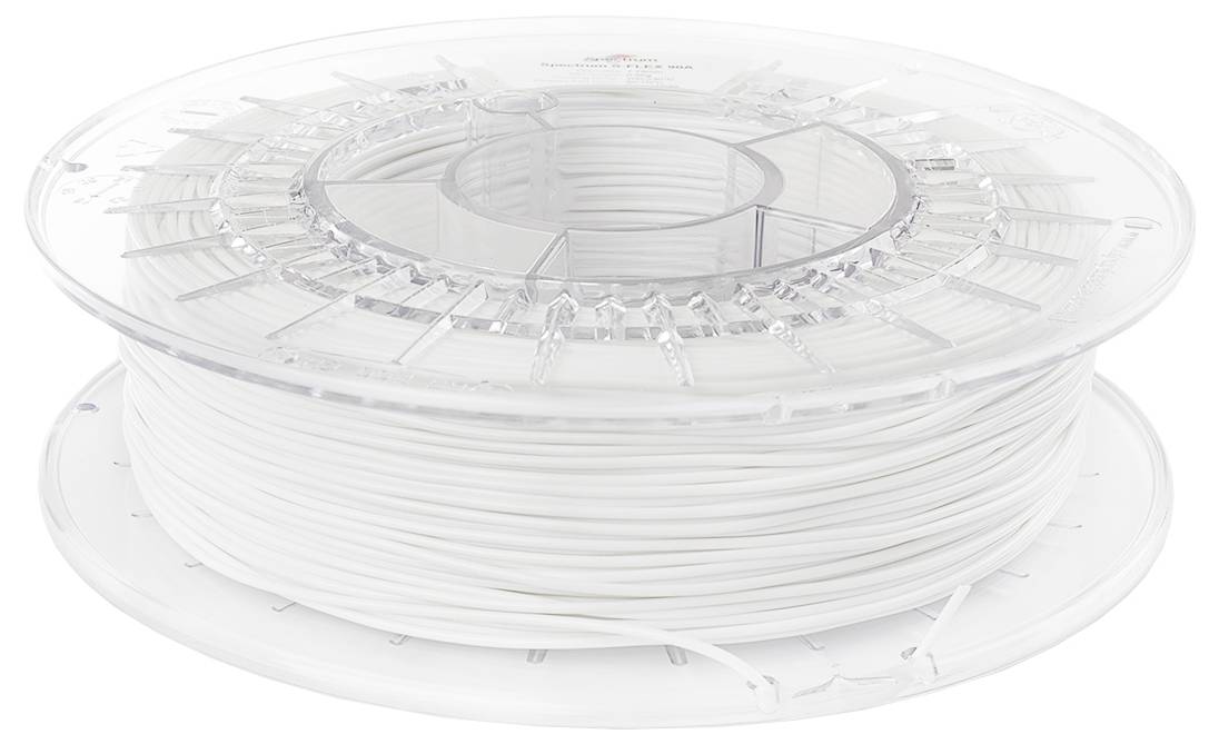 A reel of white filament for 3D printers, wound on a transparent spool.