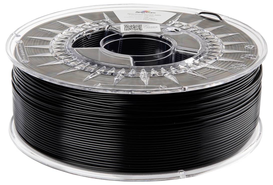Black 3D printer filament reel with transparent plastic casing, set against a white background.