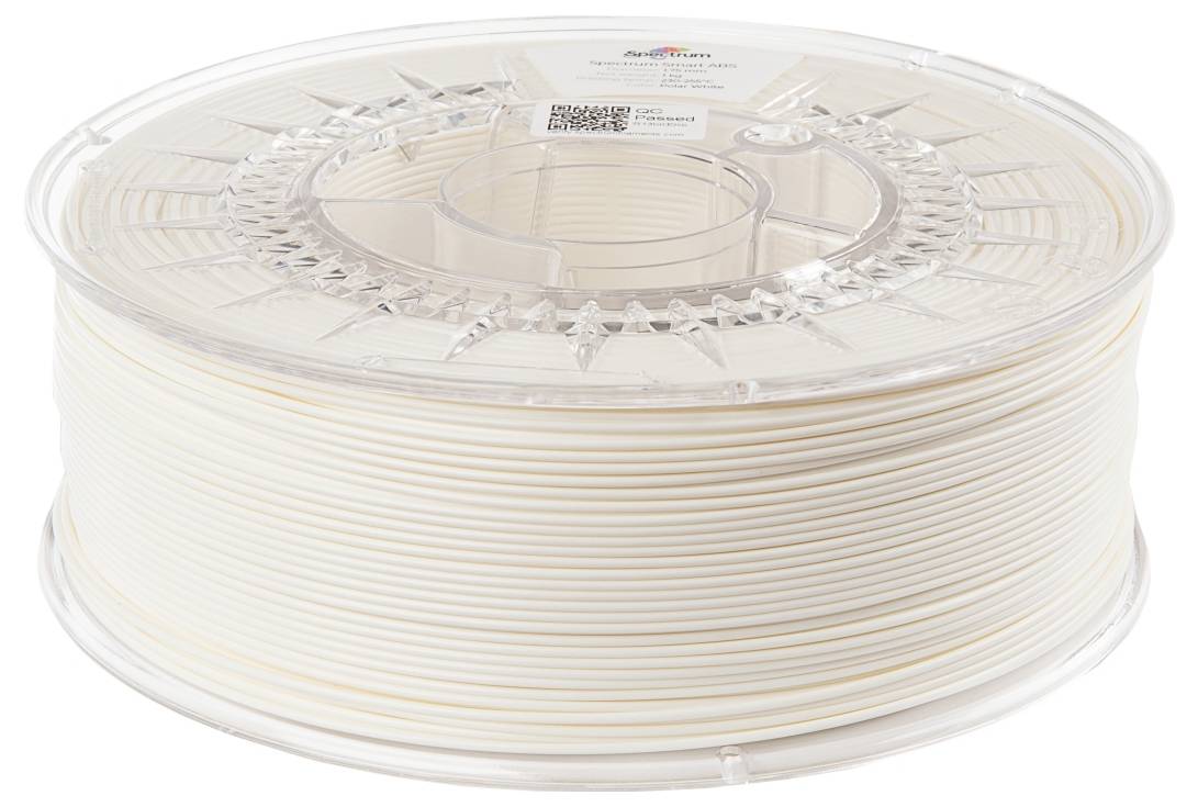 A transparent spool of white 3D printer filament, coiled and ready for use in a 3D printer.