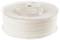 A transparent spool of white 3D printer filament, coiled and ready for use in a 3D printer.