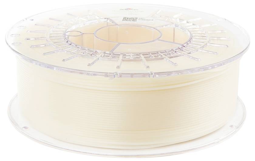 A spool of beige 3D printer filament, mounted on a transparent plastic reel. Ideal for intricate 3D printing projects.