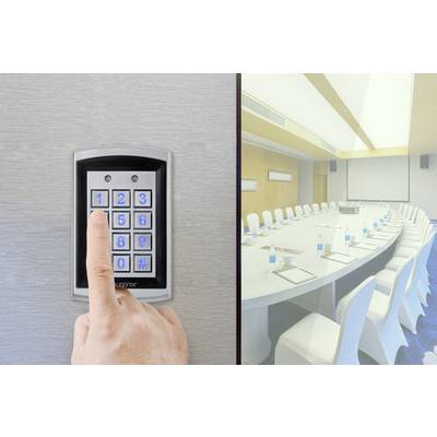 A finger presses a key on a door lock with a number pad. To the right, a conference room with an oval table and white chairs.
