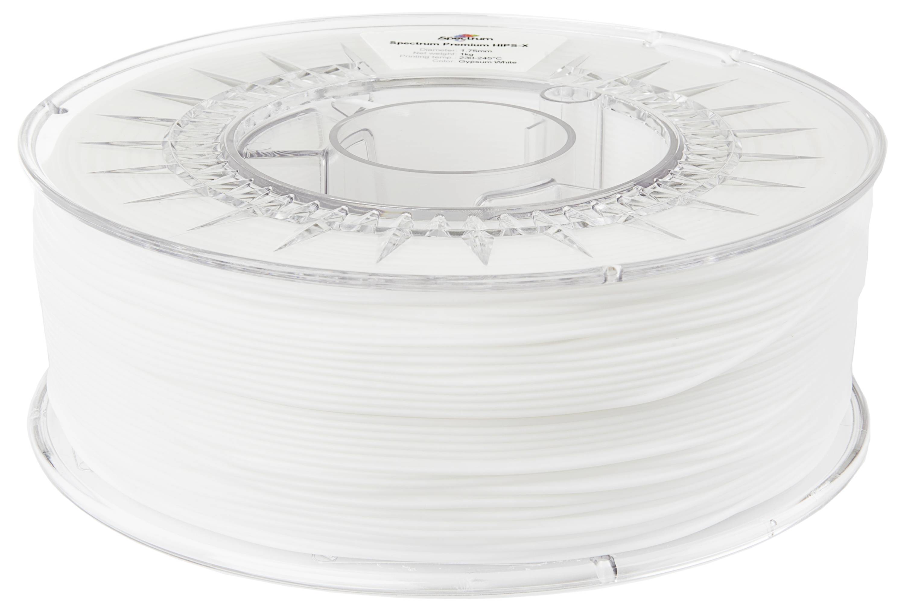 A reel of white 3D printer filament on a transparent plastic spool.