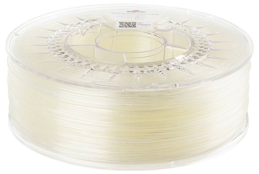 Transparent spool with bright 3D printer filament, labelled with QR code on top. Ideal for precise use in 3D printers.