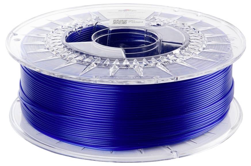 A transparent spool with blue 3D printer filament.