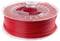 A transparent plastic spool with red 3D printer filament, tightly wound, visible through a clear cover.