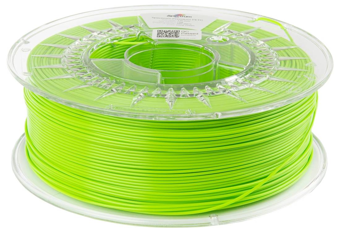 Reel with luminous green 3D printing filament, transparent design with visible fill level indicator and product label on top.