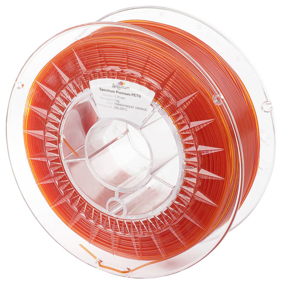 A spool of orange PETG filament for 3D printers. The transparent housing reveals the winding of the filament.