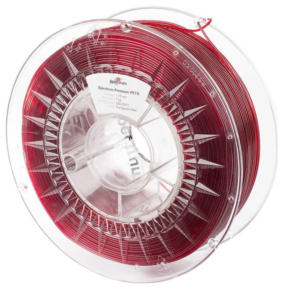 A spool of red PETG filament, 1.75 mm diameter, 1 kg. It is intended for use in 3D printers.