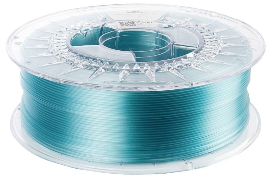 A transparent plastic spool with turquoise-coloured filament for 3D printers.