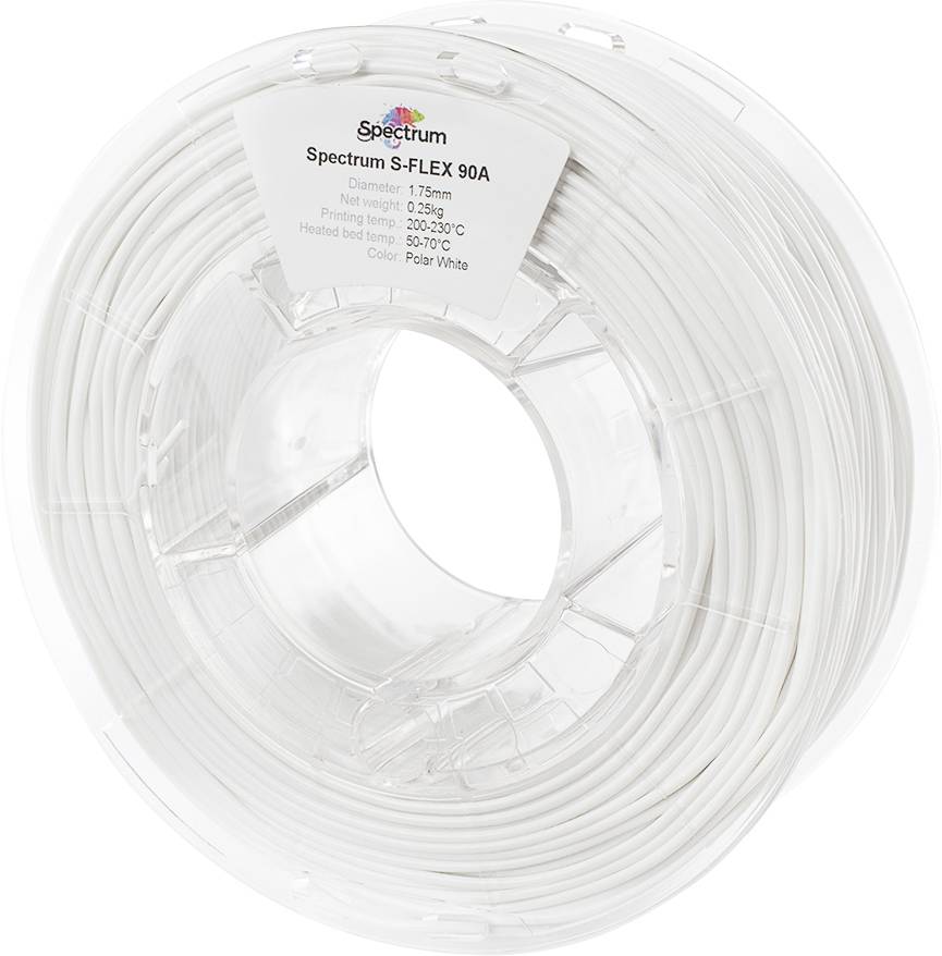 Round spool with white 3D printer filament. Label on top shows 'Spectrum S-FLEX 90A', diameter 1.75mm, print temperature 200-230°C.