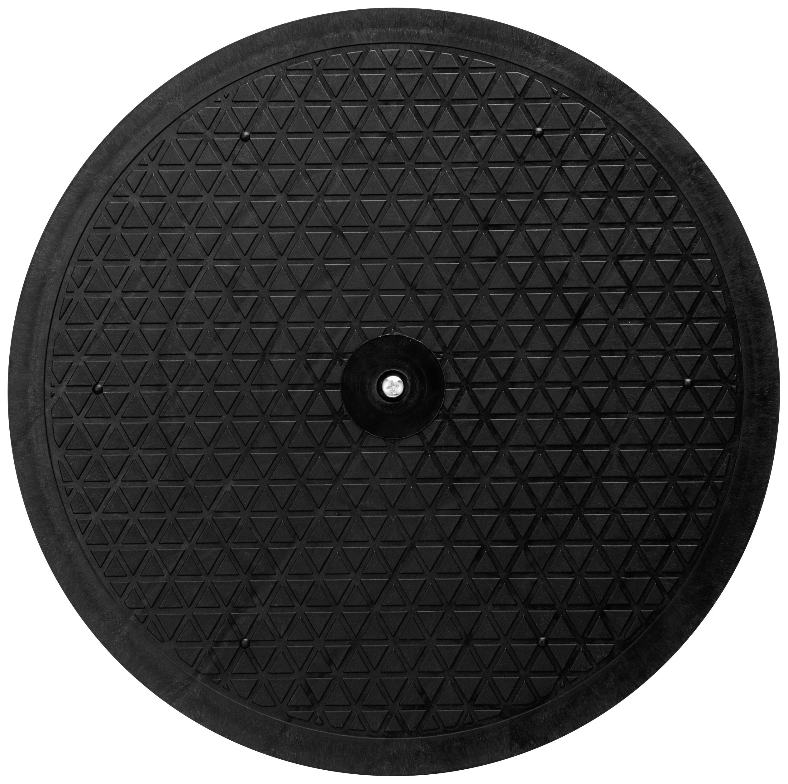 'Black balance board with non-slip surface in triangular pattern, central pivot point, used for balance training.'