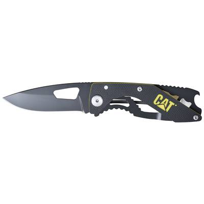 Folding knife with a black blade and handle; yellow 'CAT' logo on the handle.