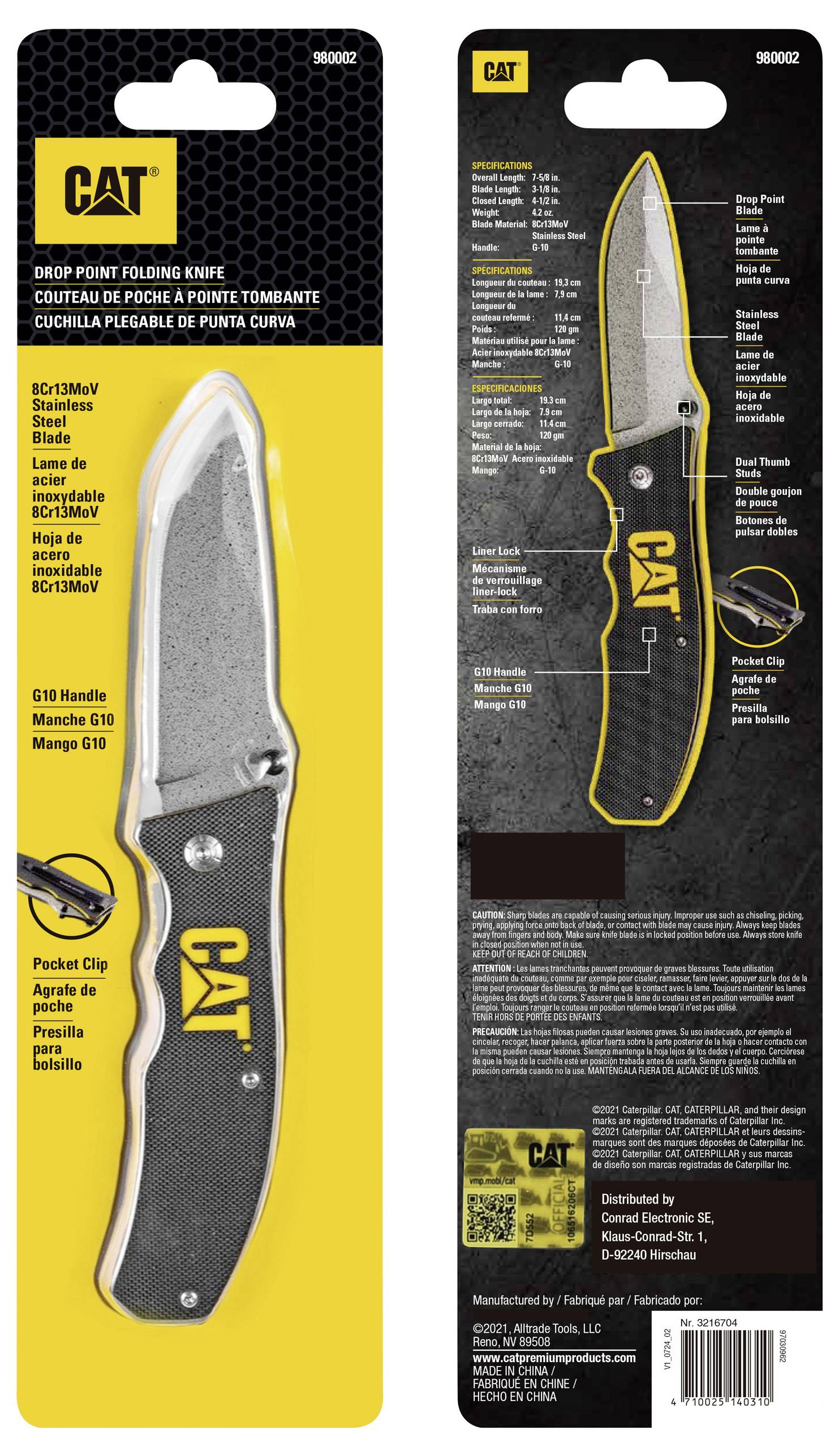 Packaging for a single-handed knife with a curved tip. The knife features a G10 handle, a pocket clip, and is presented in plastic packaging.