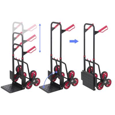 'Stair Climbing Sack Truck' shows three positions: folded, unfolded, and ready for use. The wheels are arranged in a triple configuration for easy stair climbing.