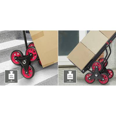 Stair-Climbing Trolley carries up to 40 kg on the left side and up to 150 kg on the right side. Demonstrates transportation of boxes on stairs.