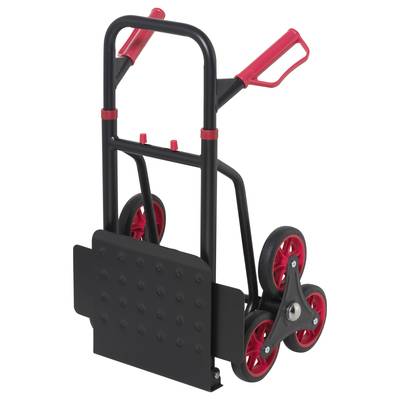 Foldable transport trolley in red and black, with a robust frame and three wheels on each side for stair mobility.