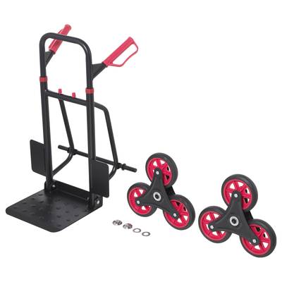 Black and red stair climbing trolley with two triangular wheel sets and small mounting parts, suitable for transporting heavy loads.