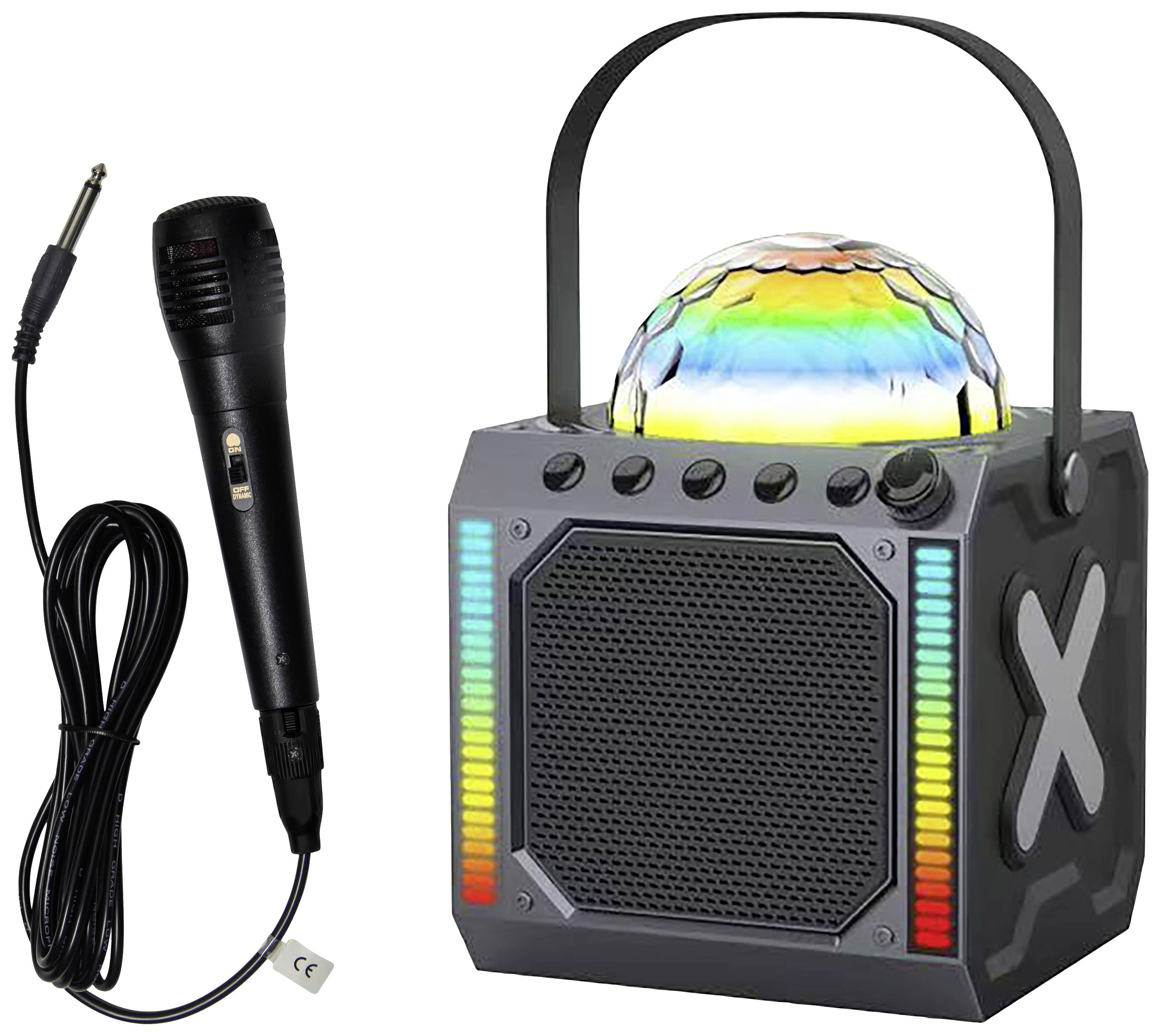 Portable Speaker with Microphone: Black speaker with colourful light on top, illuminated strips on the sides, and a detachable microphone.