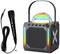 Portable Speaker with Microphone: Black speaker with colourful light on top, illuminated strips on the sides, and a detachable microphone.