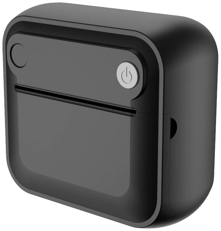 A compact mobile printer in black, with a power on/off switch located in the top right corner. Suitable for travelling.