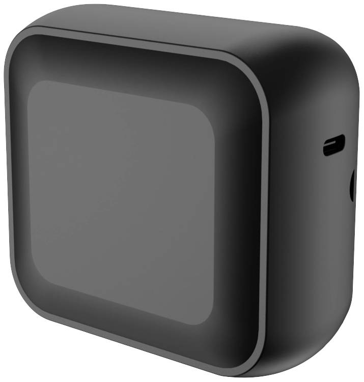Black, square device with rounded corners, two visible ports on the side.