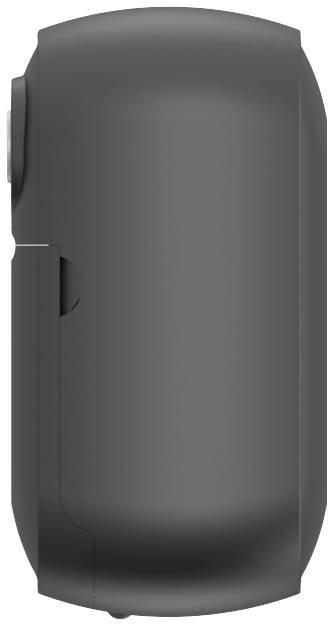 Portable, black electronic device with rounded edges, a side button, and a cover.