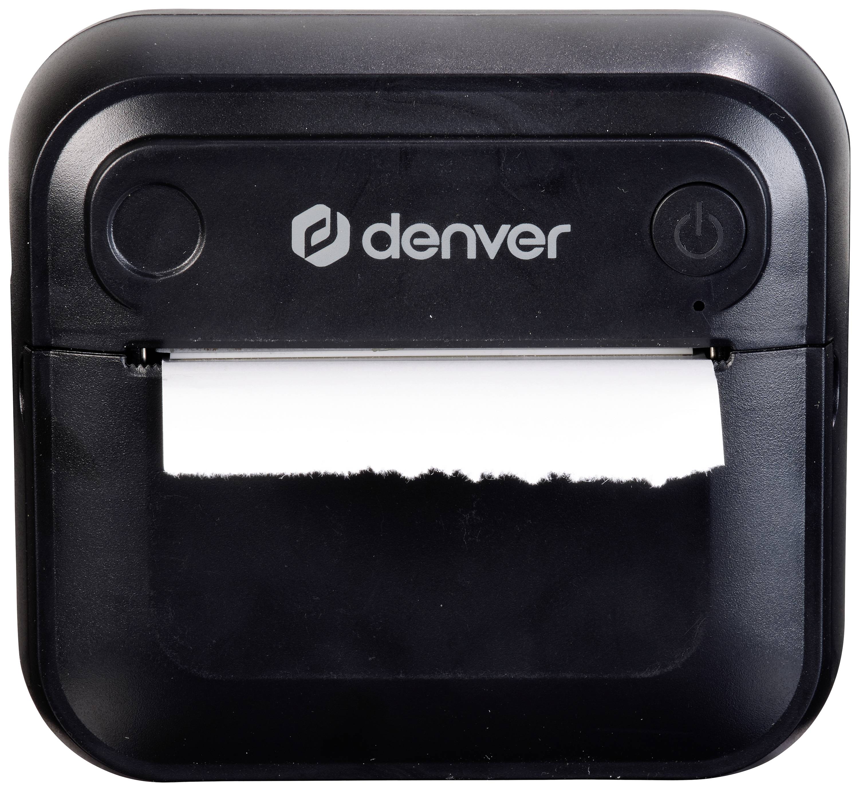 Black portable label printer by 'Denver' brand with paper roll, suitable for mobile use.