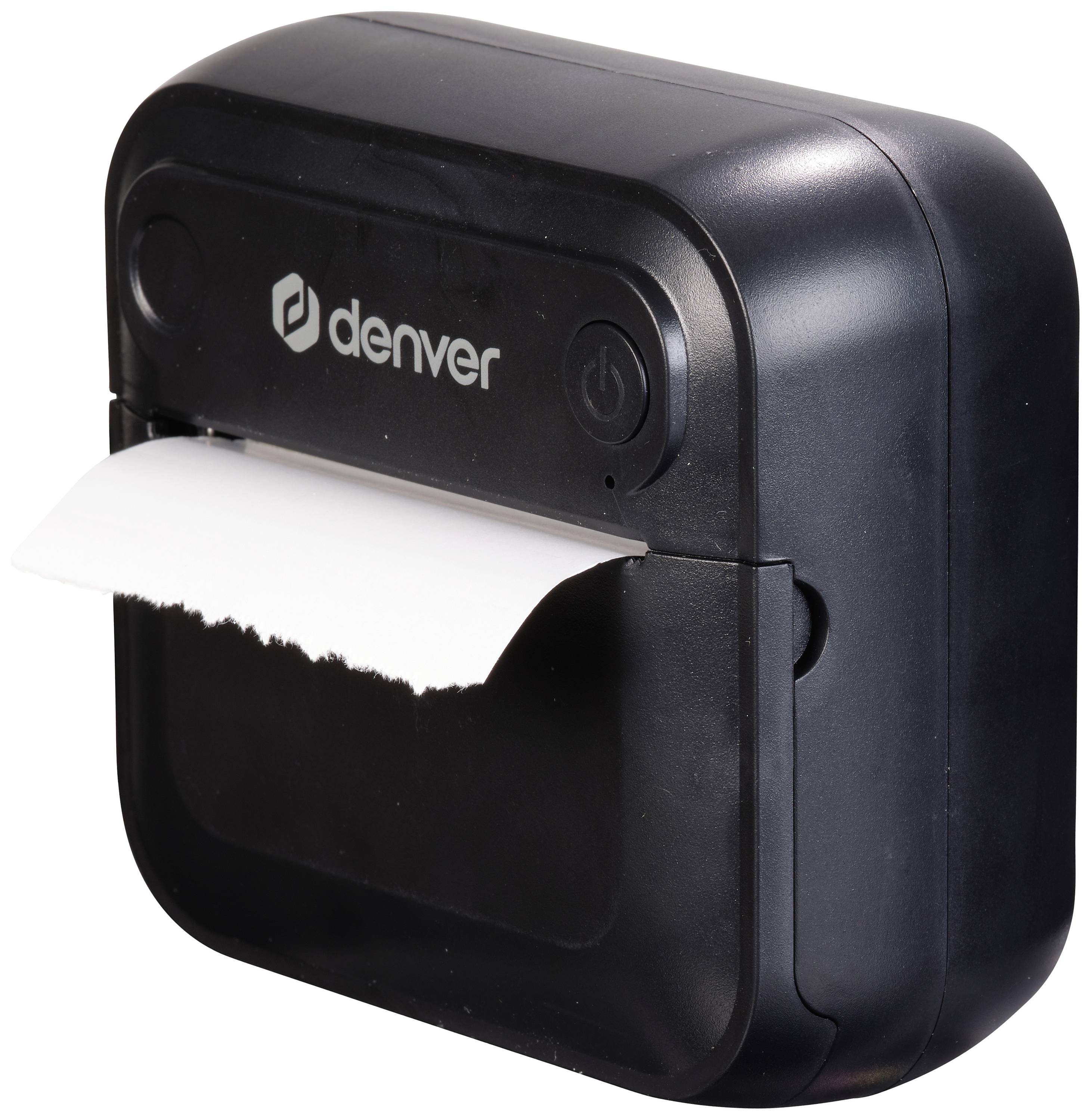 Black portable printer with white paper, protruding from the front. 'Denver' logo at the top.